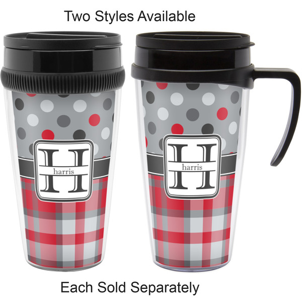 Red & Gray Dots and Plaid Travel Mugs - with & without Handle