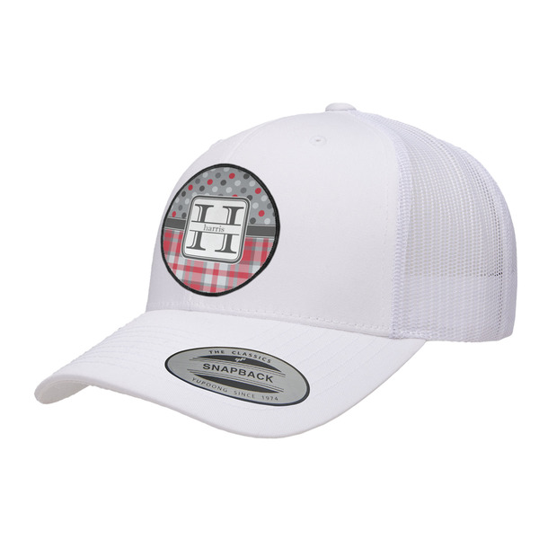Custom Red & Gray Dots and Plaid Trucker Hat - White (Personalized)