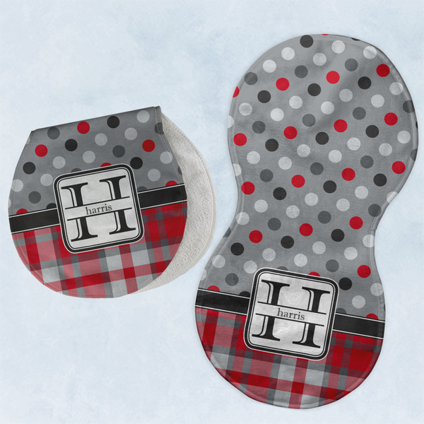 Custom Red & Gray Dots and Plaid Burp Pads - Velour - Set of 2 w/ Name and Initial