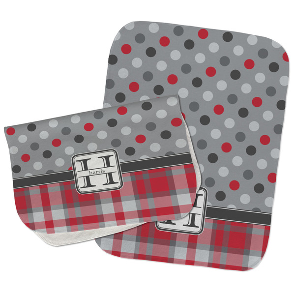 Custom Red & Gray Dots and Plaid Burp Cloths - Fleece - Set of 2 w/ Name and Initial