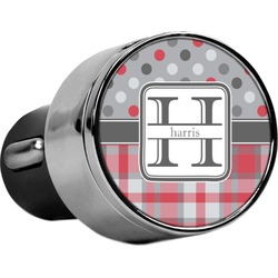 Red & Gray Dots and Plaid USB Car Charger (Personalized)