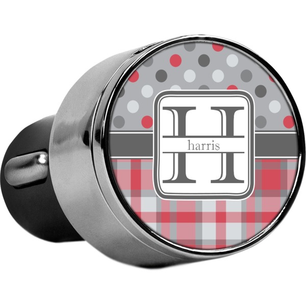 Custom Red & Gray Dots and Plaid USB Car Charger (Personalized)