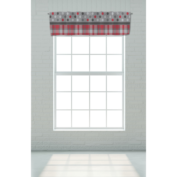Red & Gray Dots and Plaid Valance - On window