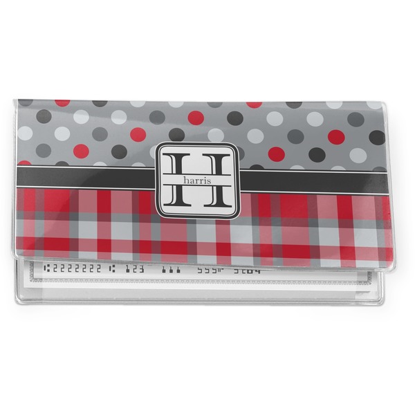 Custom Red & Gray Dots and Plaid Vinyl Checkbook Cover (Personalized)