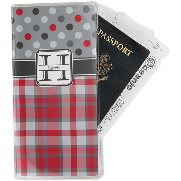 Custom Red & Gray Dots and Plaid Travel Document Holder
