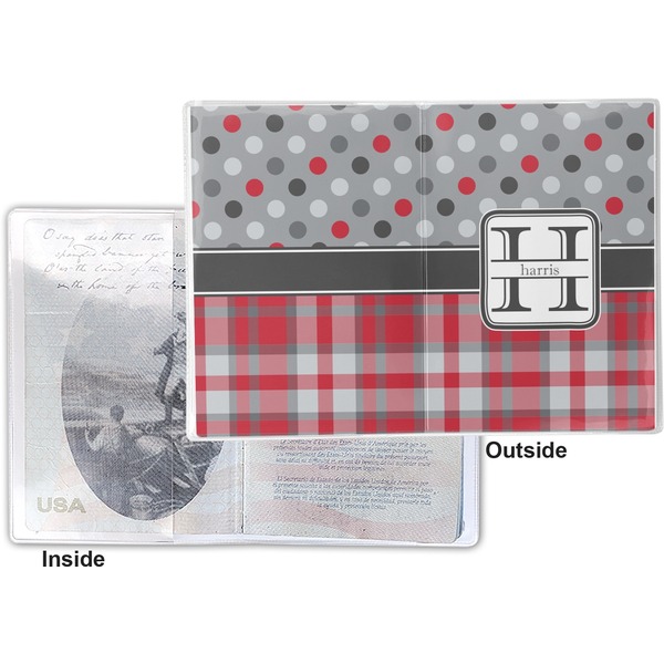 Red & Gray Dots and Plaid Vinyl Passport Holder - Flat Front and Back