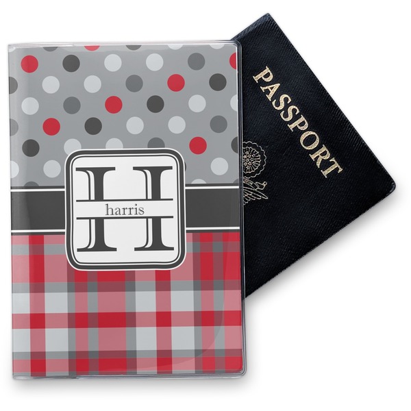 Custom Red & Gray Dots and Plaid Vinyl Passport Holder (Personalized)