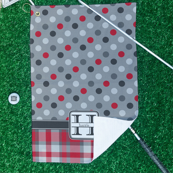 Red & Gray Dots and Plaid Waffle Weave Golf Towel - In Context