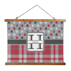 Red & Gray Dots and Plaid Wall Hanging Tapestry - Wide (Personalized)