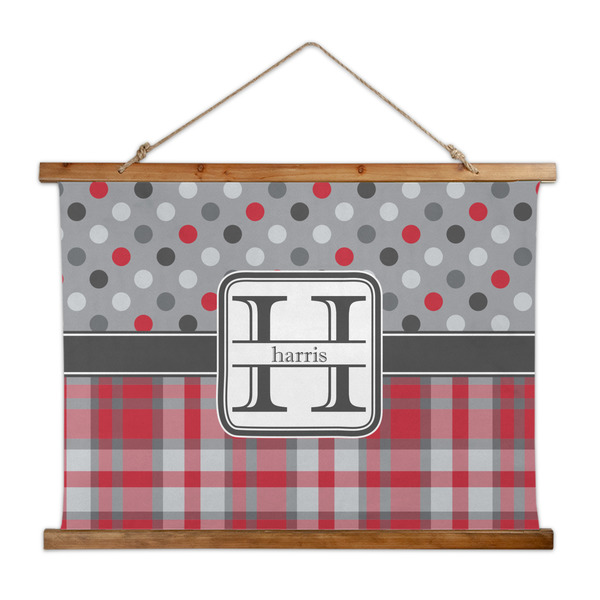 Custom Red & Gray Dots and Plaid Wall Hanging Tapestry - Wide (Personalized)