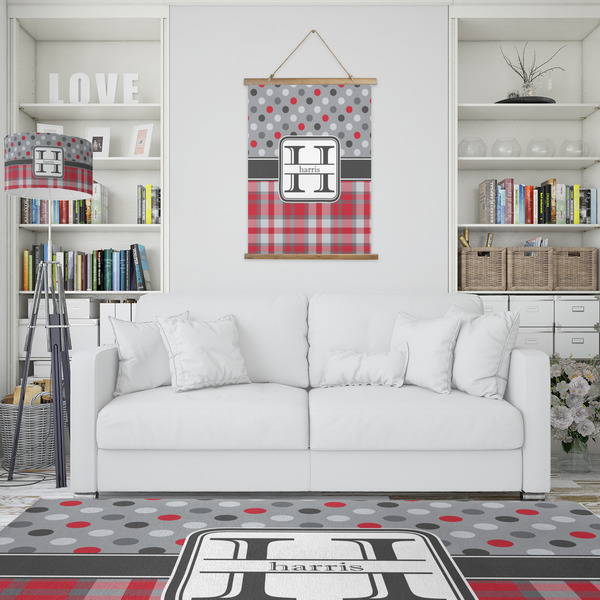 Red & Gray Dots and Plaid Wall Hanging Tapestry - Portrait - IN CONTEXT
