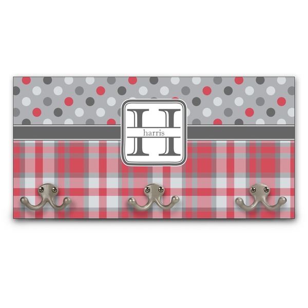 Custom Red & Gray Dots and Plaid Wall Mounted Coat Rack (Personalized)