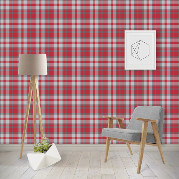 Custom Red & Gray Dots and Plaid Wallpaper & Surface Covering (Water Activated - Removable)
