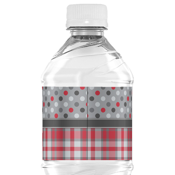 Red & Gray Dots and Plaid Water Bottle Label - Back View
