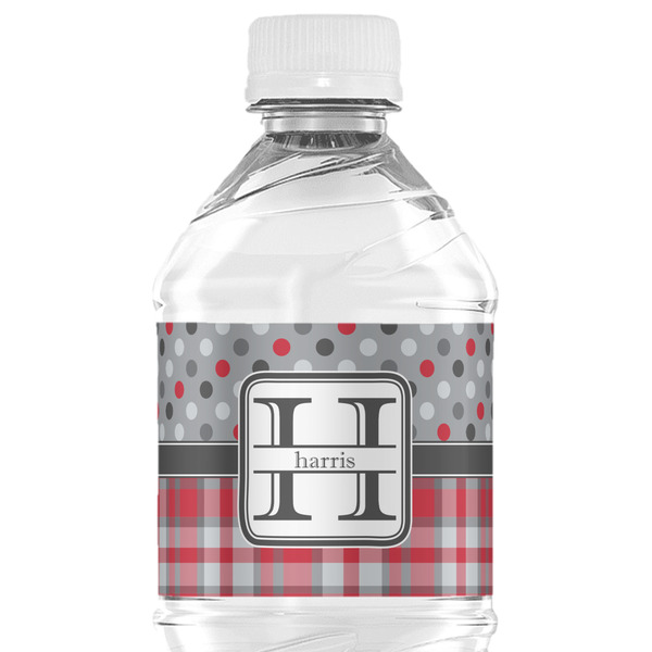 Custom Red & Gray Dots and Plaid Water Bottle Labels - Custom Sized (Personalized)