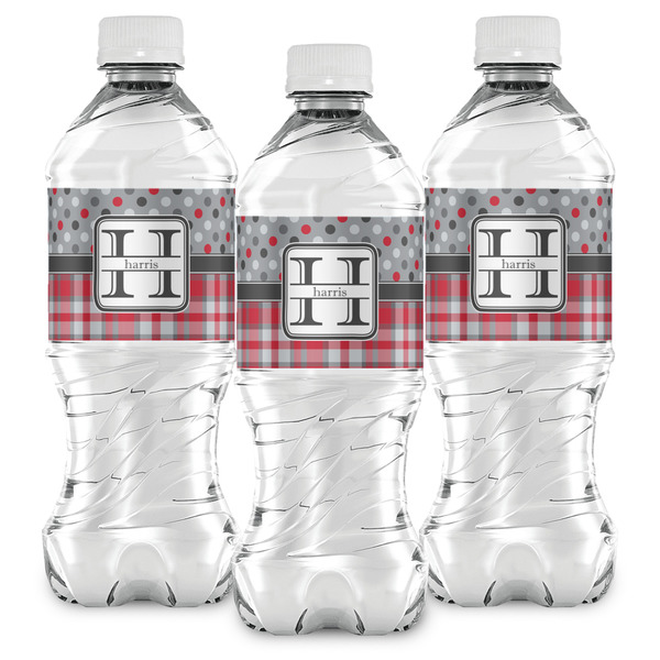 Red & Gray Dots and Plaid Water Bottle Labels - Front View