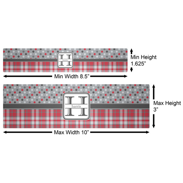 Red & Gray Dots and Plaid Water Bottle Labels w/ Dimensions