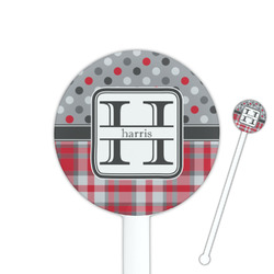 Red & Gray Dots and Plaid 5.5" Round Plastic Stir Sticks - White - Single Sided (Personalized)