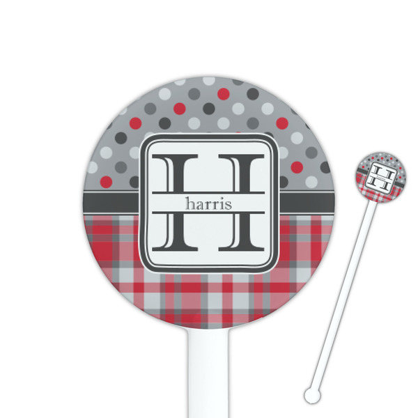 Custom Red & Gray Dots and Plaid 5.5" Round Plastic Stir Sticks - White - Single Sided (Personalized)