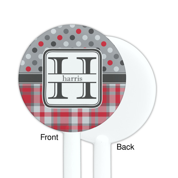 Red & Gray Dots and Plaid White Plastic 5.5" Stir Stick - Single Sided - Round - Front & Back