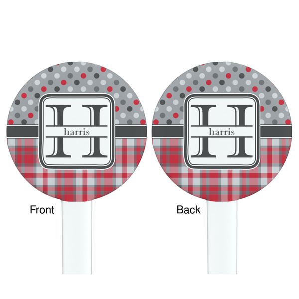 Red & Gray Dots and Plaid White Plastic 7" Stir Stick - Double Sided - Round - Front & Back