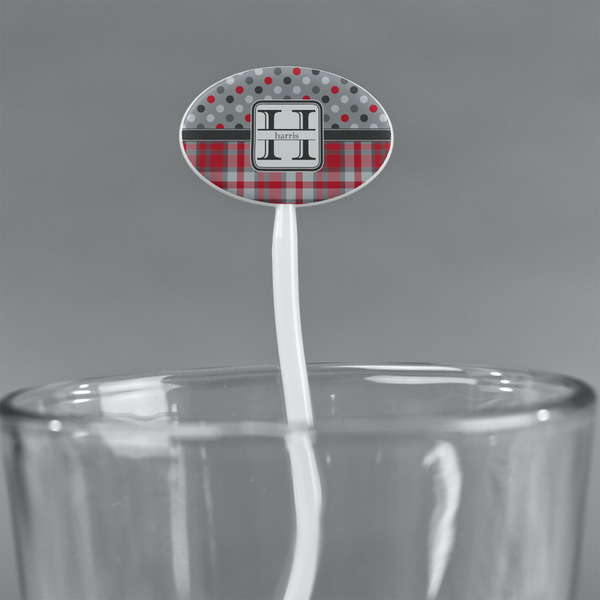 Red & Gray Dots and Plaid White Plastic 7" Stir Stick - Oval - Main