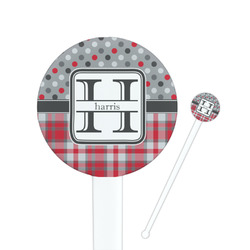 Red & Gray Dots and Plaid 7" Round Plastic Stir Sticks - White - Double Sided (Personalized)
