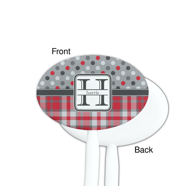 Red & Gray Dots and Plaid White Plastic 7" Stir Stick - Single Sided - Oval - Front & Back