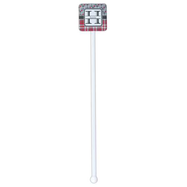 Red & Gray Dots and Plaid White Plastic Stir Stick - Double Sided - Square - Single Stick
