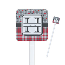Red & Gray Dots and Plaid Square Plastic Stir Sticks - Double Sided (Personalized)