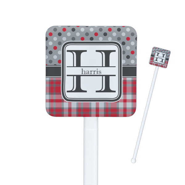 Custom Red & Gray Dots and Plaid Square Plastic Stir Sticks (Personalized)