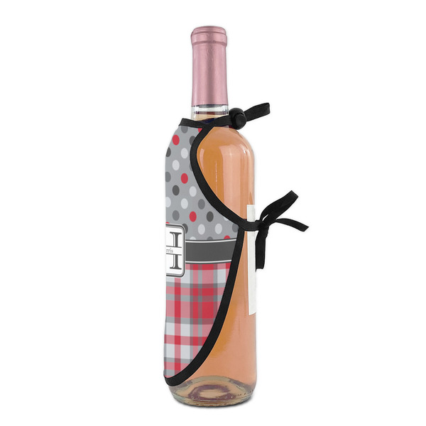 Red & Gray Dots and Plaid Wine Bottle Apron - DETAIL WITH CLIP ON NECK