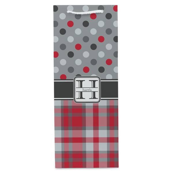 Red & Gray Dots and Plaid Wine Gift Bag - Gloss - Front