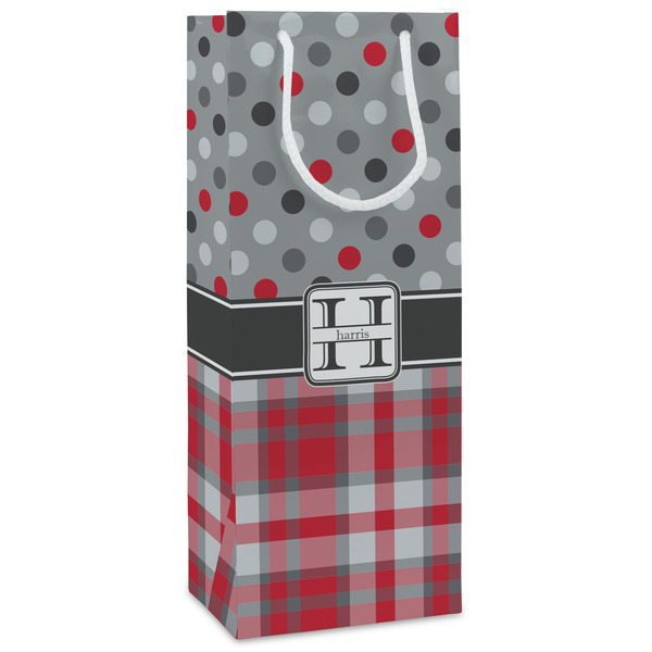 Custom Red & Gray Dots and Plaid Wine Gift Bags - Gloss (Personalized)