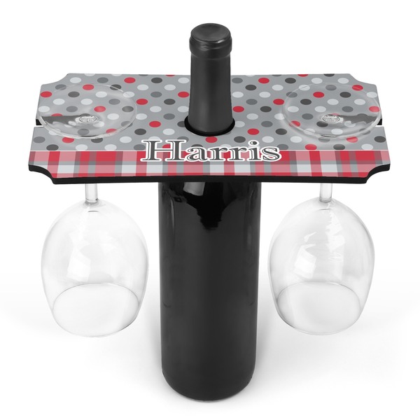 Custom Red & Gray Dots and Plaid Wine Bottle & Glass Holder (Personalized)