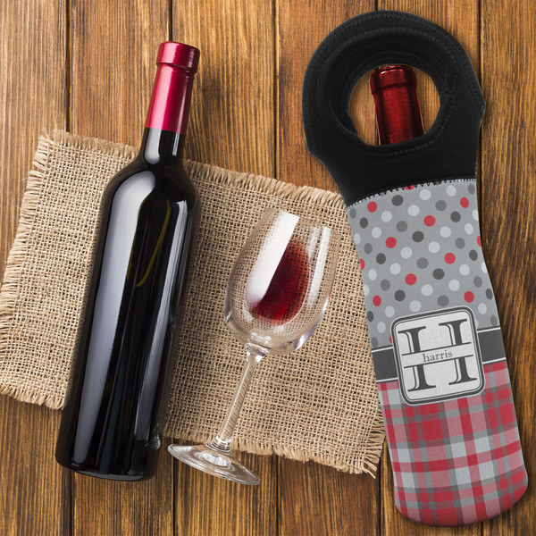 Red & Gray Dots and Plaid Wine Tote Bag - FLATLAY