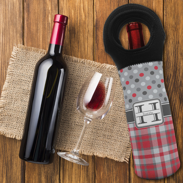 Red & Gray Dots and Plaid Wine Tote Bag - FLATLAY