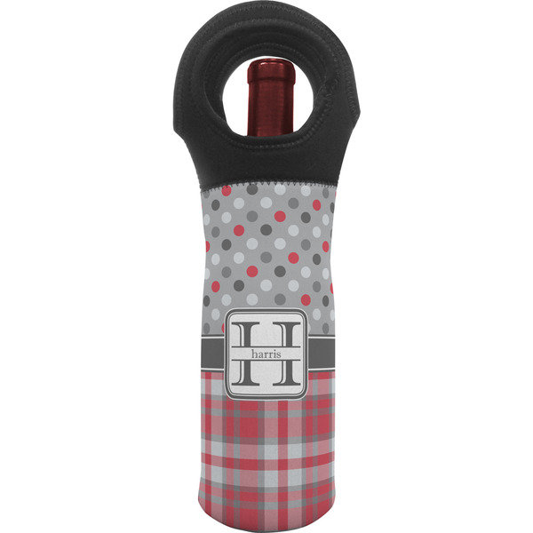 Custom Red & Gray Dots and Plaid Wine Tote Bag (Personalized)