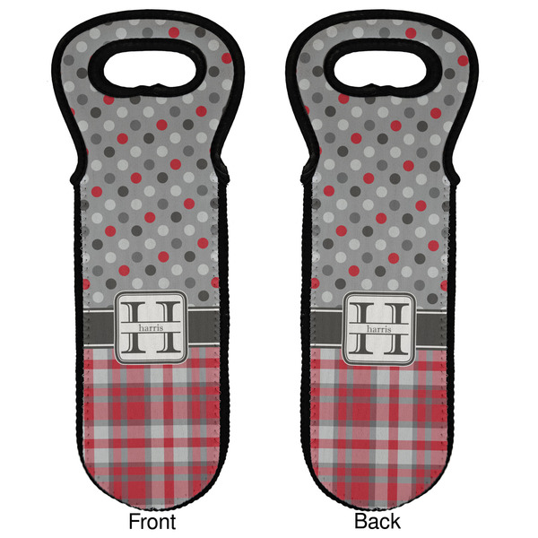 Red & Gray Dots and Plaid Wine Tote Front & Back