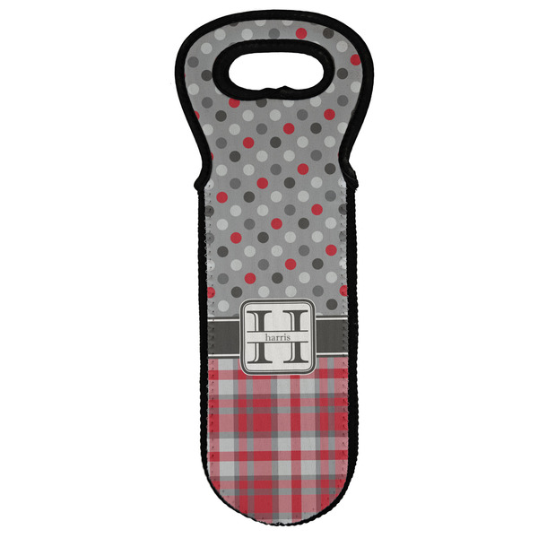 Custom Red & Gray Dots and Plaid Wine Tote Bag (Personalized)