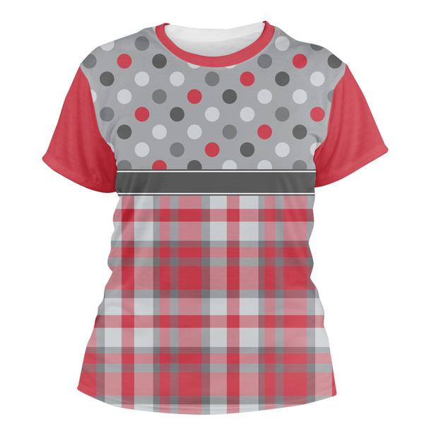 Custom Red & Gray Dots and Plaid Women's Crew T-Shirt - X Large