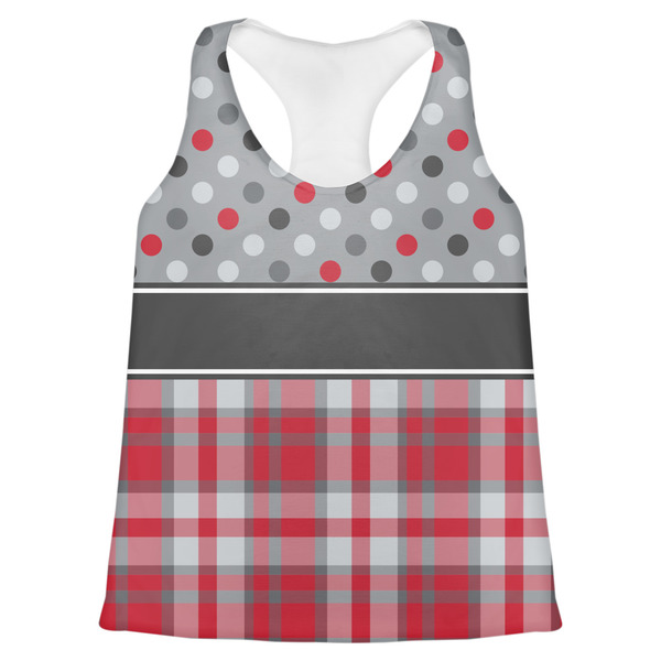 Custom Red & Gray Dots and Plaid Womens Racerback Tank Top - Large