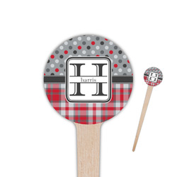 Red & Gray Dots and Plaid 4" Round Wooden Food Picks - Single Sided (Personalized)