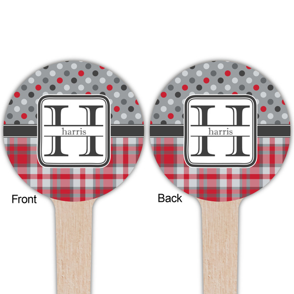 Red & Gray Dots and Plaid Wooden 4" Food Pick - Round - Double Sided - Front & Back