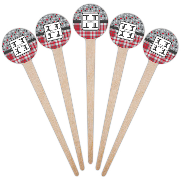Red & Gray Dots and Plaid Wooden 4" Food Pick - Round - Fan View