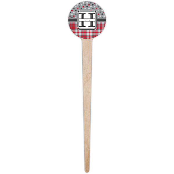 Red & Gray Dots and Plaid Wooden 4" Food Pick - Round - Single Pick