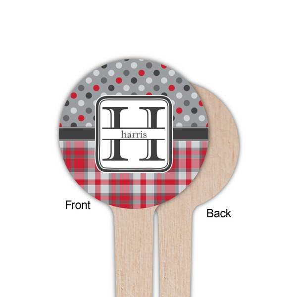 Red & Gray Dots and Plaid Wooden 4" Food Pick - Round - Single Sided - Front & Back