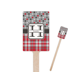 Red & Gray Dots and Plaid 6.25" Rectangle Wooden Stir Sticks - Single Sided (Personalized)