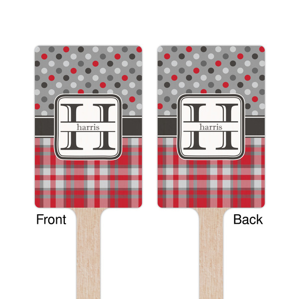 Red & Gray Dots and Plaid Wooden 6.25" Stir Stick - Rectangular - Double Sided - Front & Back