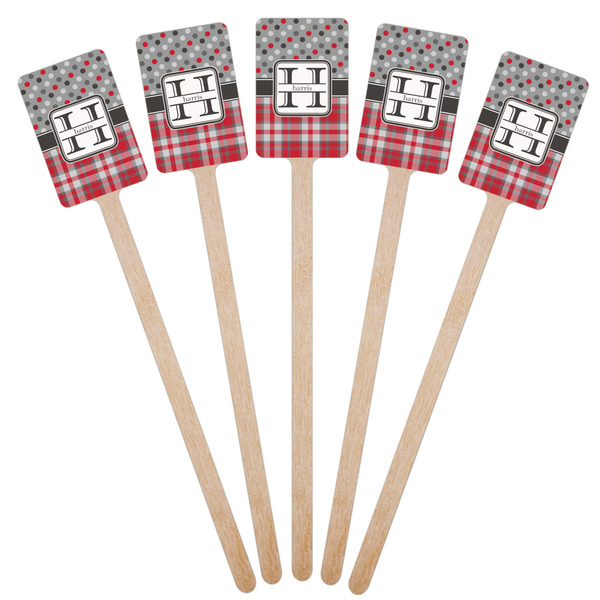 Red & Gray Dots and Plaid Wooden 6.25" Stir Stick - Rectangular - Fan View